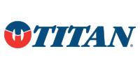 Logo for Titan: blue text and symbol with a red section, on white.