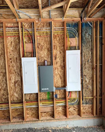 Framed wall with electrical wiring, gray breaker panel, and two white electrical boxes under construction