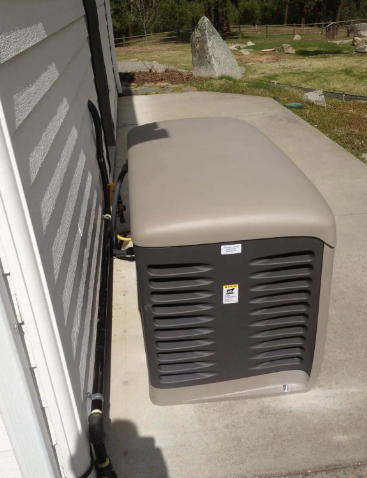 Beige outdoor generator beside a house, with black vented panels on a concrete pad.
