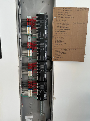 Open electrical panel with rows of breakers and a handwritten cardboard wiring list beside it