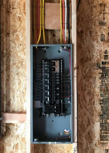 Open electrical breaker panel with wiring in unfinished wall framing