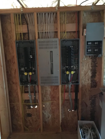 Electrical panels and wiring installed in unfinished wall framing inside a construction site