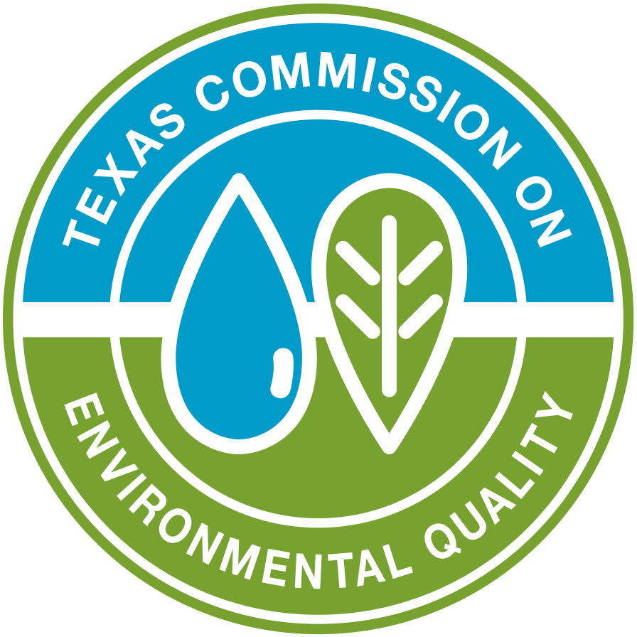 Texas Commission on Environmental Quality logo with blue water drop, green leaf, and teal ring