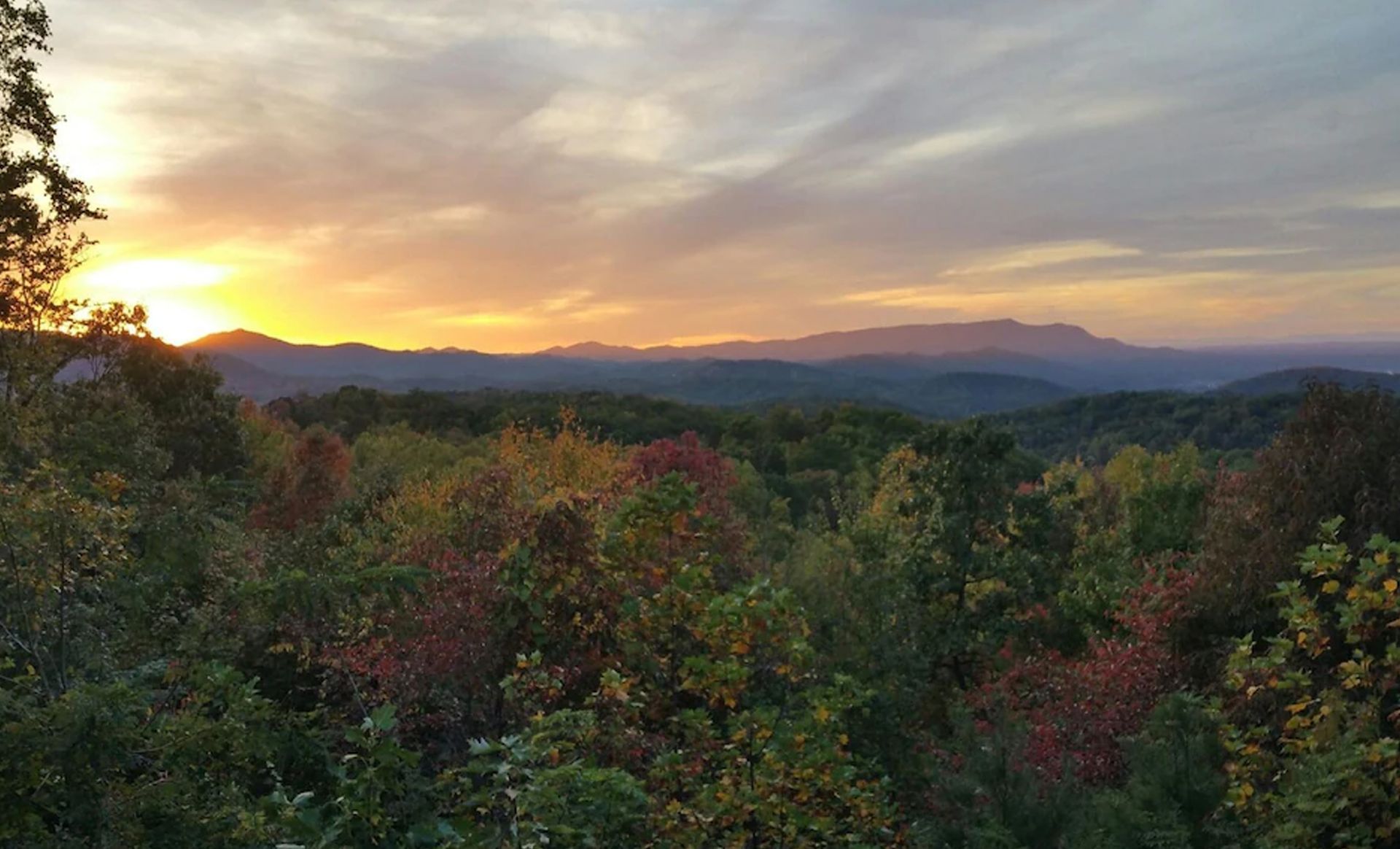 A sunset over a forest with mountains in the background