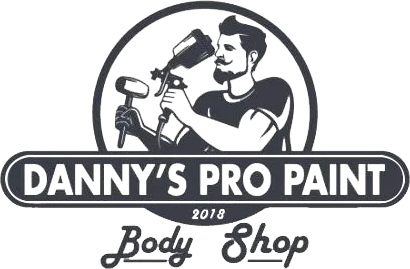 A banner for danny 's pro paint and body shop with two cars on it.