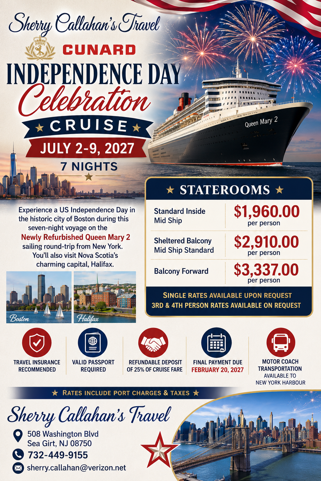 Cunard Independence Day cruise tour poster with fireworks, ship, U.S. flags, and New York skyline; July 2–9, 2027