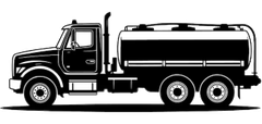 Black and white vector illustration of a fuel tanker truck in profile view.