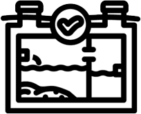 An icon of a two-chamber septic tank with a checkmark, indicating a functional or inspected sewage system.