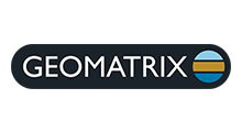Logo for Geomatrix: Dark blue rectangle with white text and a blue, gold, and white circle.