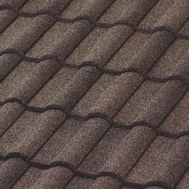 Close-up view of textured, dark brown roof tiles arranged in a uniform, repeating pattern.