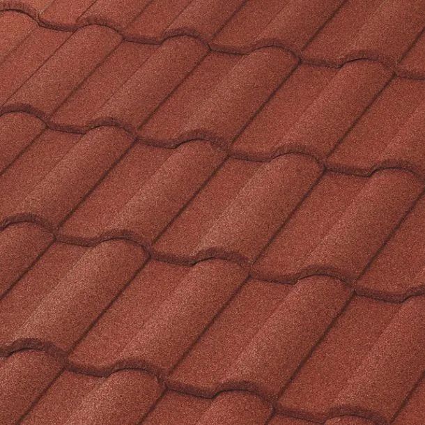 A close-up view of red, textured, S-curved roof tiles arranged in a repeating pattern.