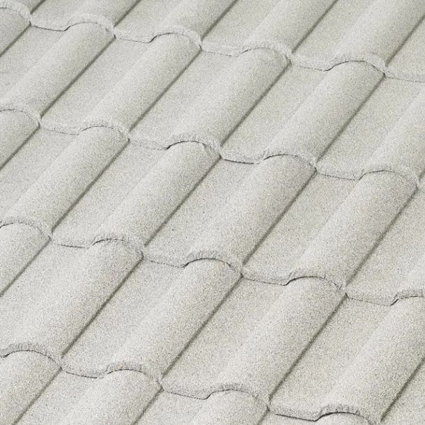 A repeating pattern of light gray, arched concrete roof tiles arranged in staggered, overlapping rows.