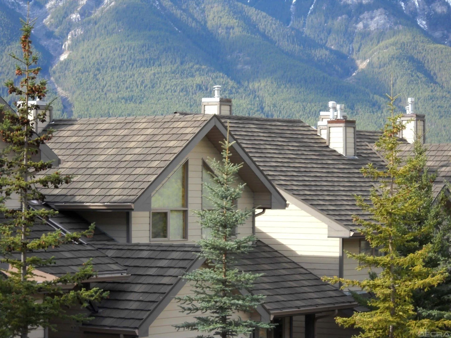 Residential buildings with wood-shingle roofs nestled at the base of a forested mountain range under a blue sky.