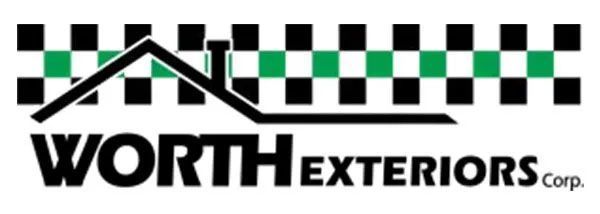 The Worth Exteriors Corp. logo features a black house outline over a horizontal black and green checkerboard pattern.