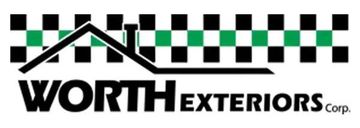 The Worth Exteriors Corp. logo features a black house outline over a horizontal black and green checkerboard pattern.