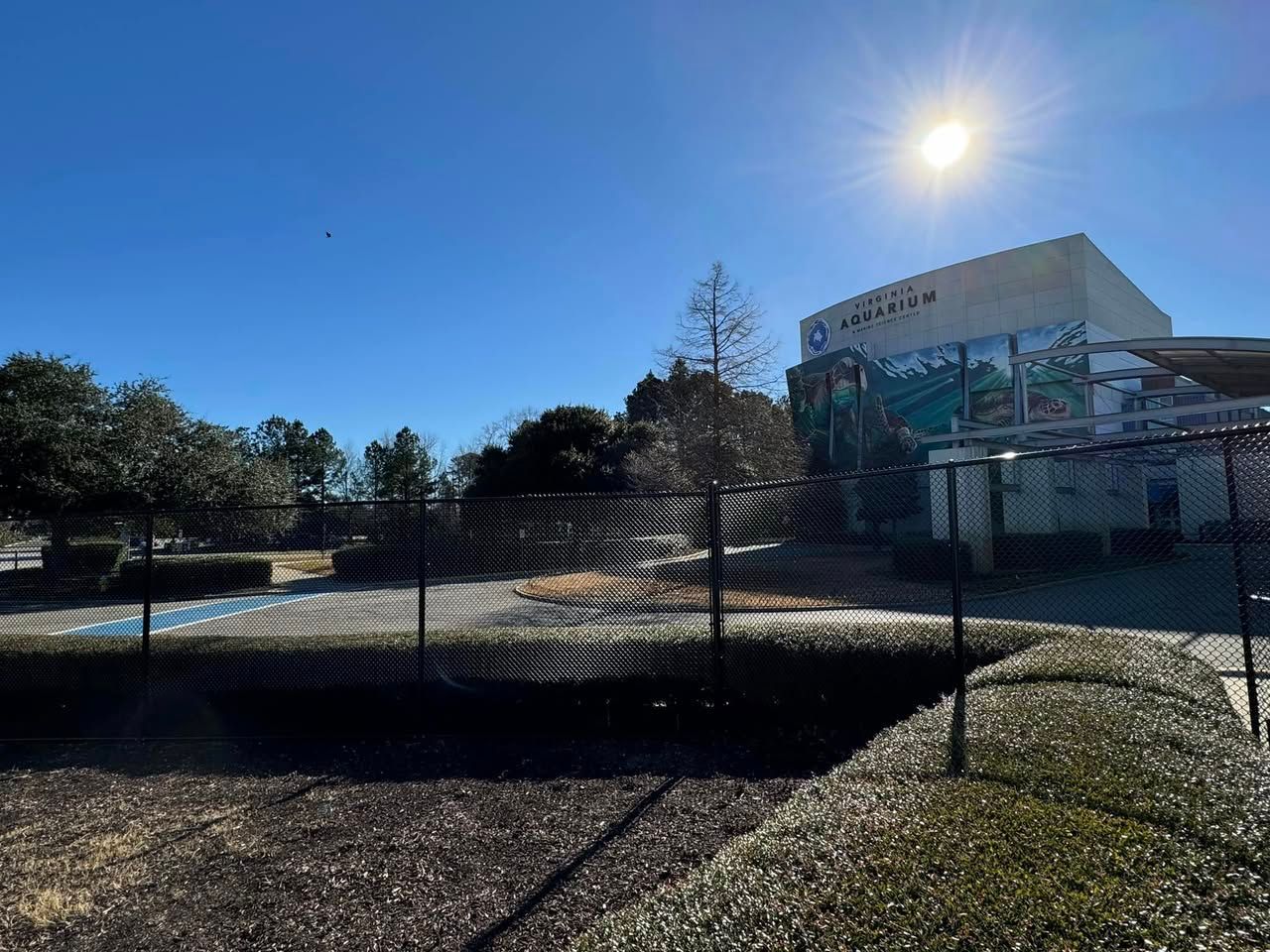 A large building is behind a chain link fence in a park on a sunny day.