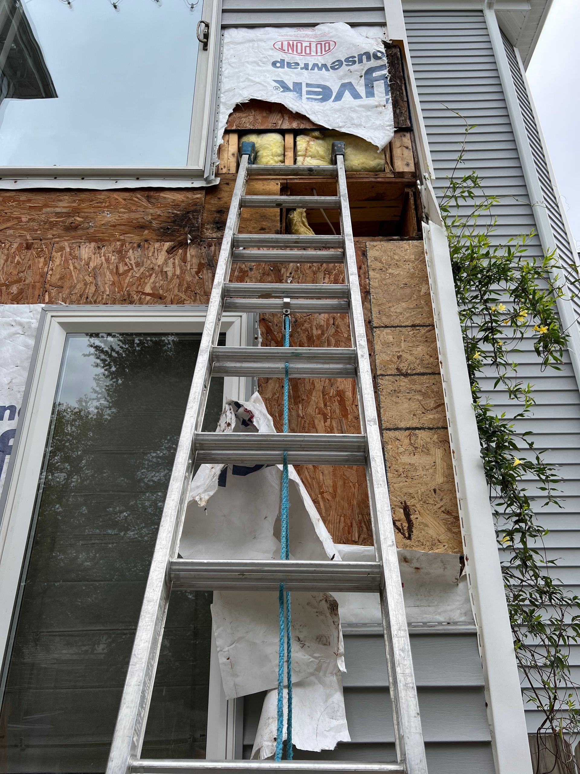 A ladder is hanging from the side of a building.