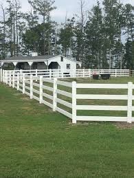 A white fence surrounds a horse stable in a grassy field.