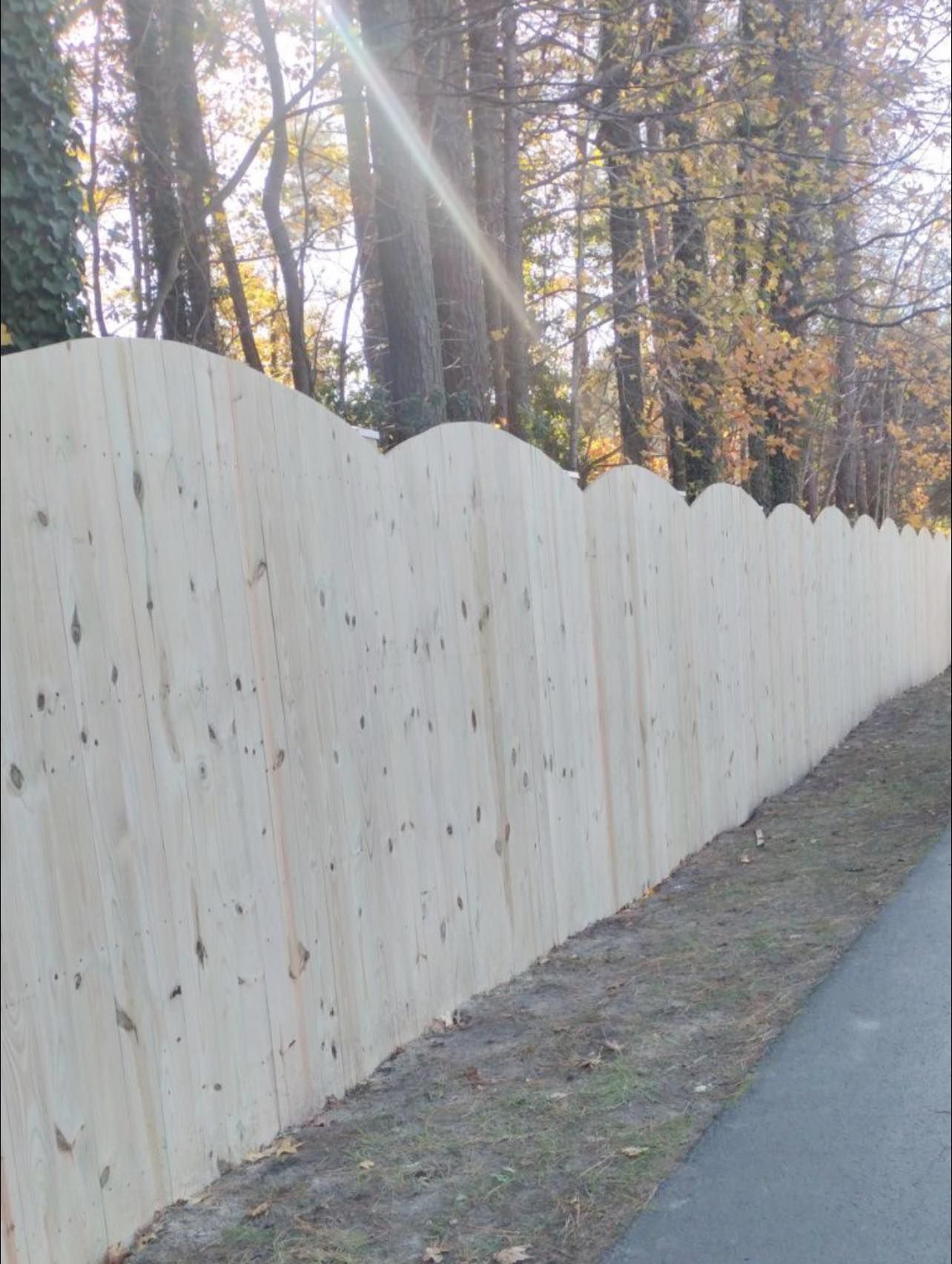 A wooden fence is along the side of a road in the woods.