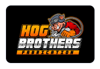 Logo for Hog Brothers Fabrication featuring a pig in a welding mask, welding with sparks.