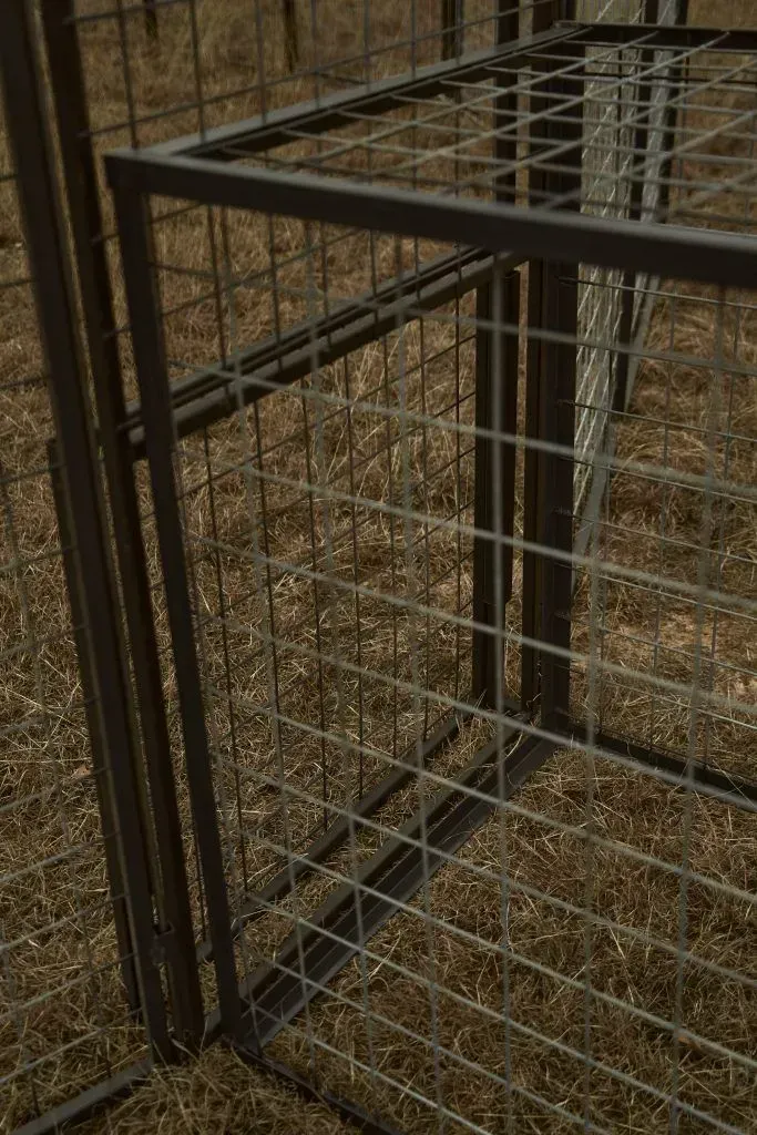 Metal cage, square wire mesh, outdoors, brown grass.