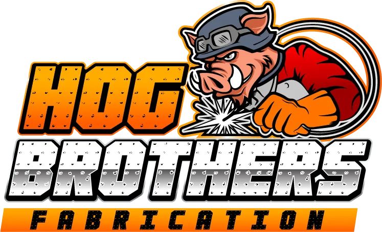 Hog Brothers Fabrication logo: pig welder with goggles, welding. Bold text in orange and silver.