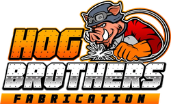 Hog Brothers Fabrication logo: pig welder with goggles, welding. Bold text in orange and silver.