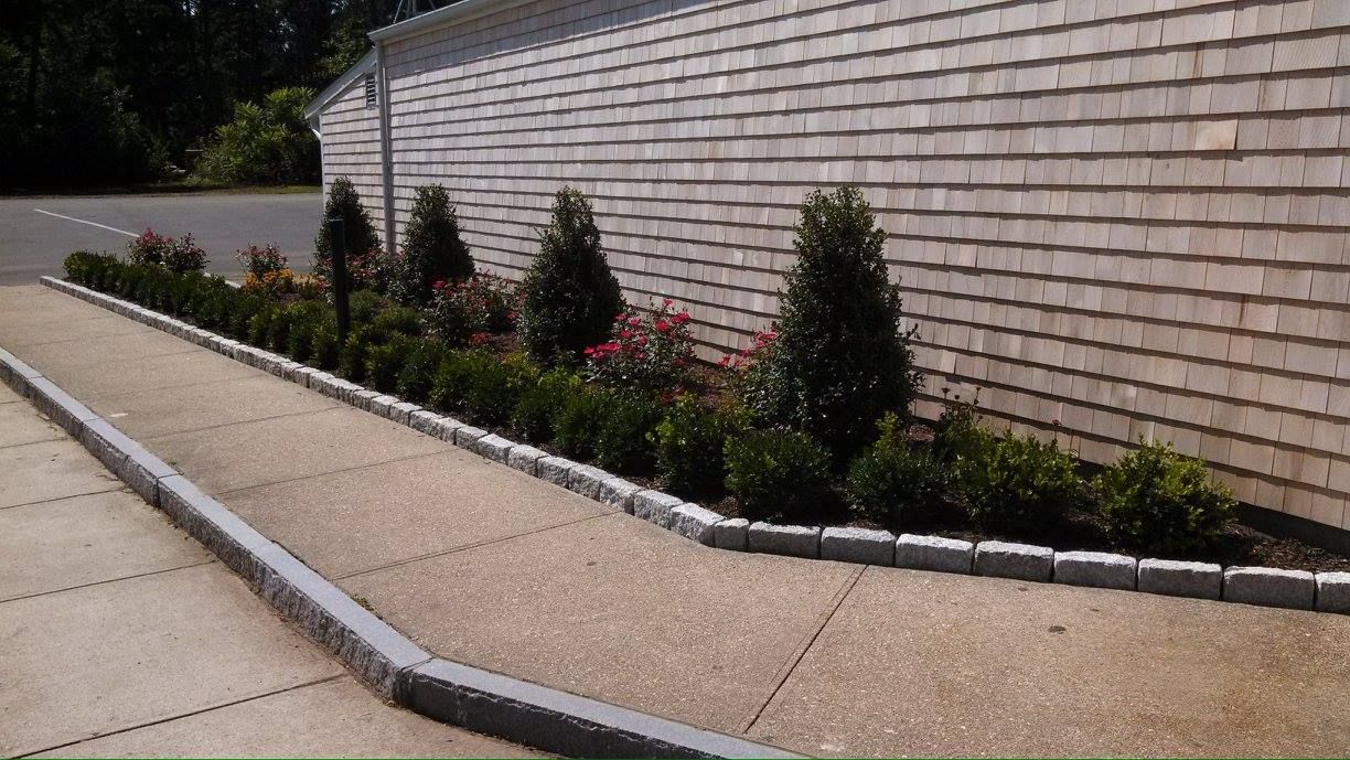A concrete sidewalk runs along a wall with wood shingles and a manicured garden of small bushes and evergreen shrubs.