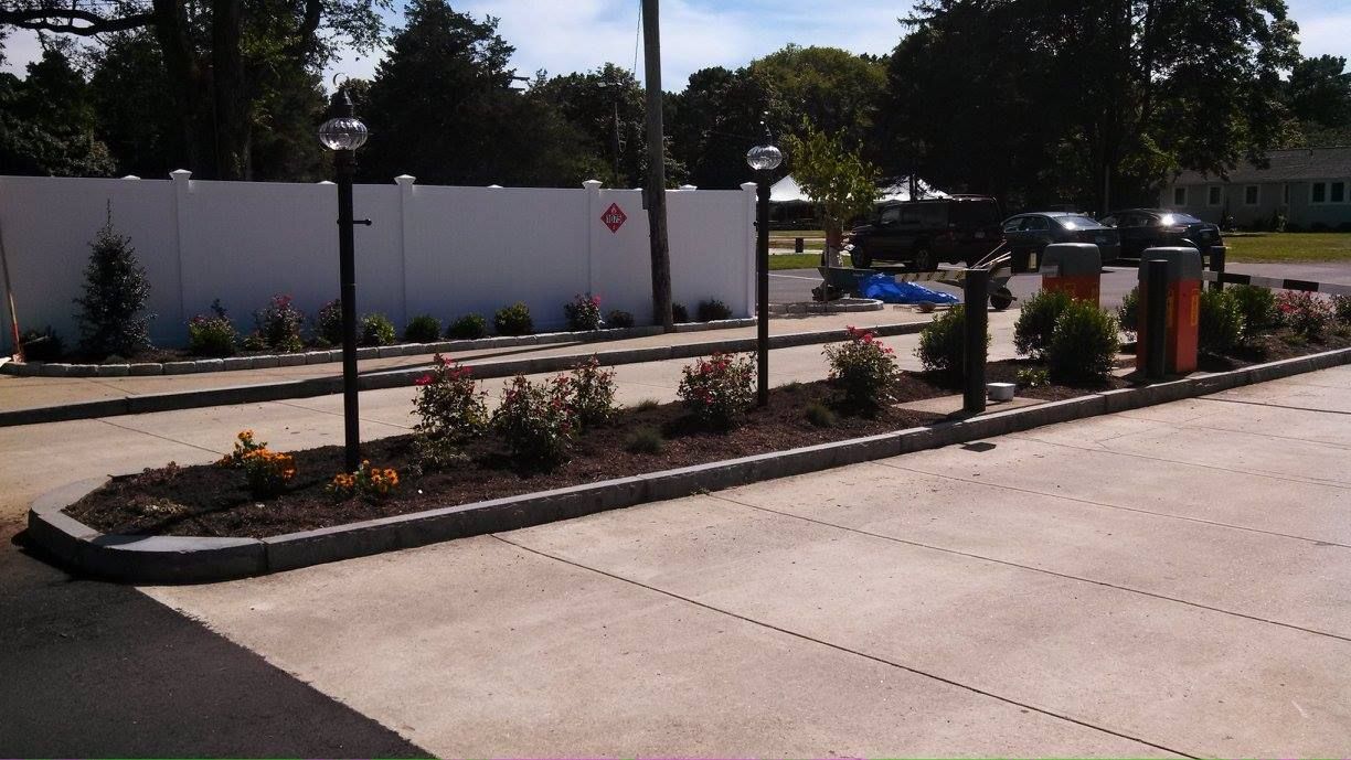 A paved parking lot with a central landscaped island featuring small bushes, mulch, and two standing lamp posts.