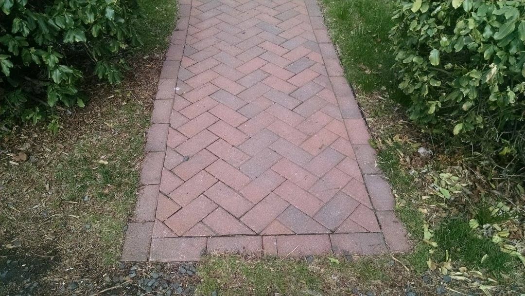 A straight brick walkway in a herringbone pattern with a soldier-course border, flanked by green bushes and grass.