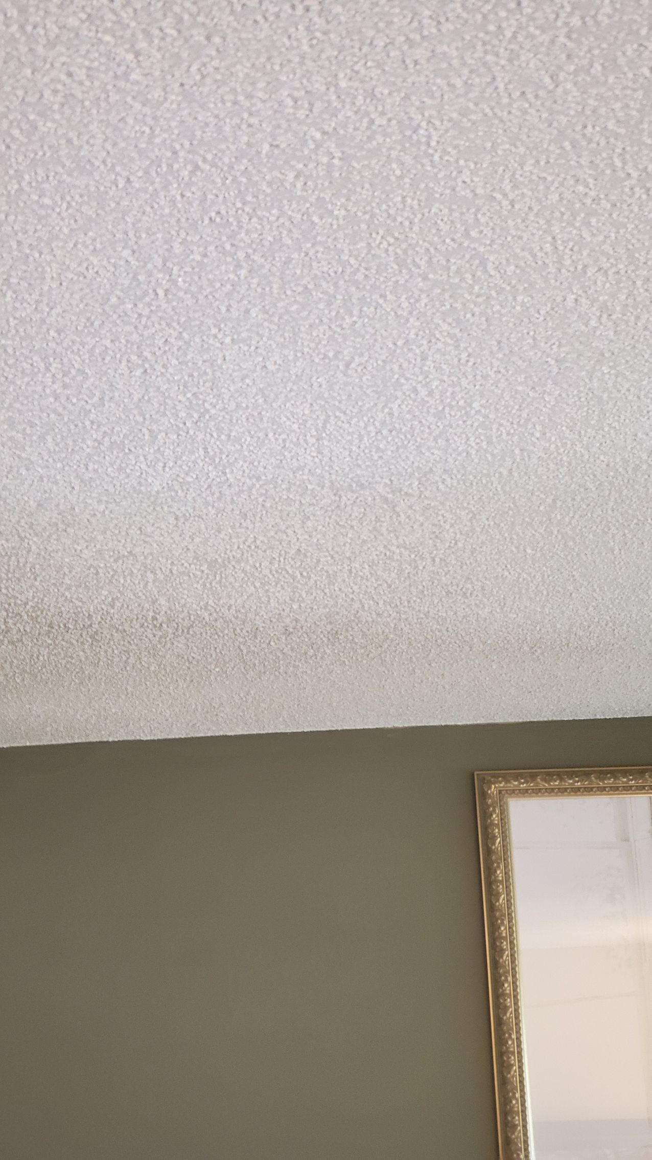 Textured white ceiling above a beige wall, with a gold-framed picture partially visible in the corner