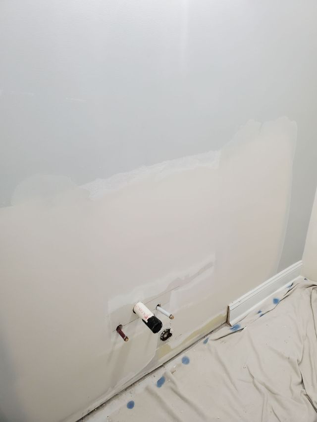 Freshly painted wall with outlet cutout and a paint tray covered in drop cloths on the floor