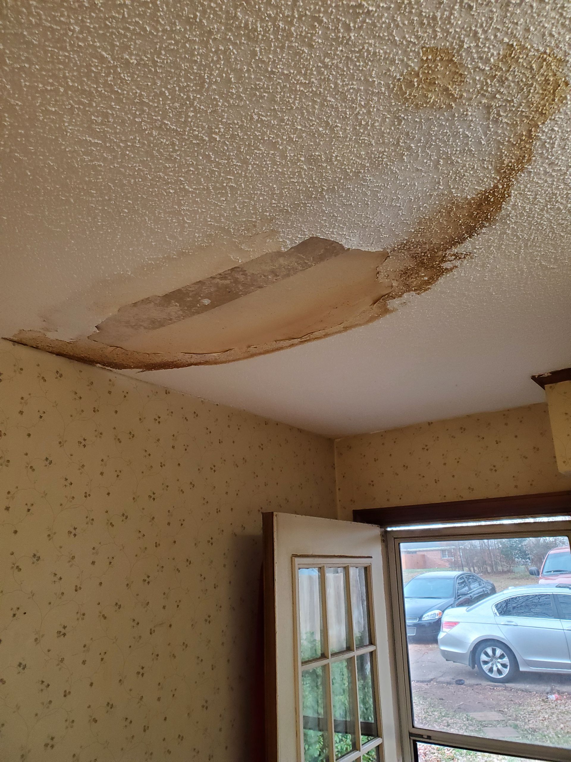 Water-stained, peeling ceiling with a large damaged patch above an open doorway.