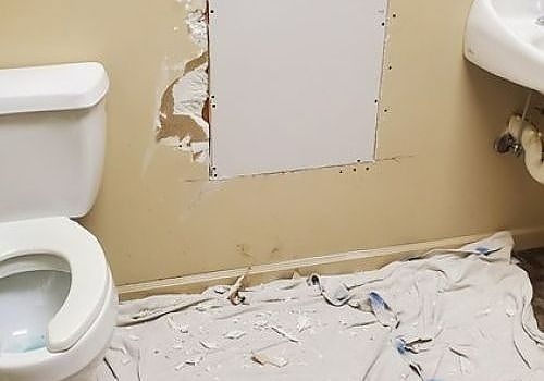 Small bathroom with toilet, torn wall panel, and debris-covered floor under a sink