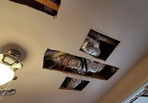 Ceiling with several holes exposing ductwork and insulation, plus a light fixture on the left