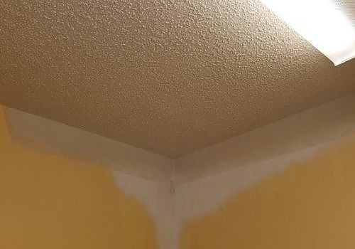 Corner of a room ceiling with water stains and peeling paint near a light fixture