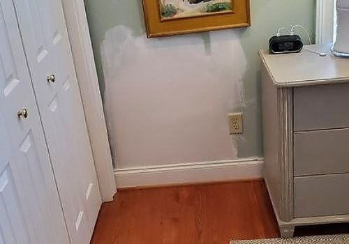 Small hallway with white doors, a framed painting, and a gray cabinet on hardwood floors.
