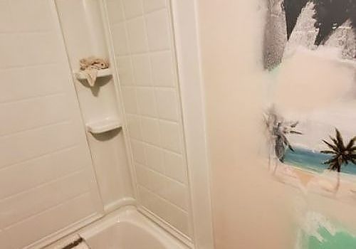 Bathroom corner with white tiled shower, built-in shelves, and a beach mural on the wall