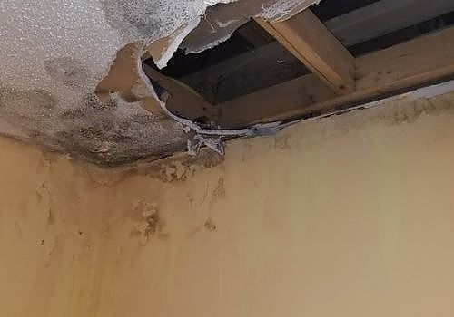 Water-damaged ceiling with peeling plaster and exposed wooden beams near a wall.