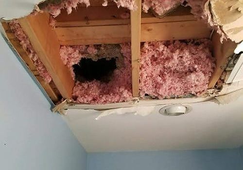 Ceiling panel removed, exposing pink insulation and a dark hole above a light fixture.