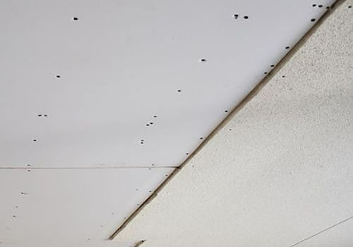 Ceiling corner with a diagonal crack or seam and small dark spots on white panels