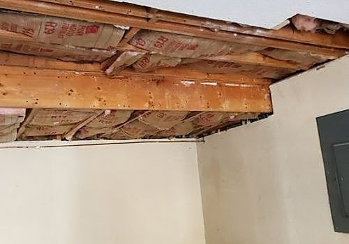 Partially collapsed ceiling with exposed wooden beams and insulation above a white room wall