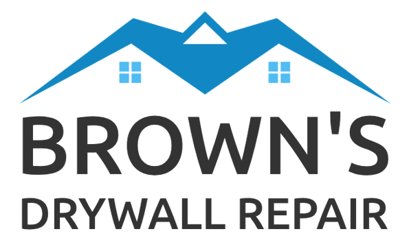 Brown's Drywall Repair logo with blue roof and white houses on a gray background