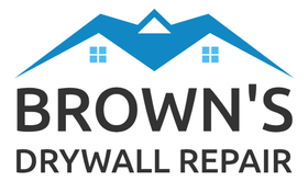 Brown's Drywall Repair logo with blue roof and white houses on a gray background