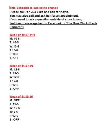 Work schedule for two weeks. Week 1: Mon-Thurs 10-6, Fri/Sat off. Week 2: Mon, Wed, Thurs 10-6, Tues 10-5, Fri/Sat off for hunting trip.
