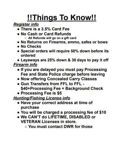 Text on a document with store policies on fees, refunds, firearms, and licenses.