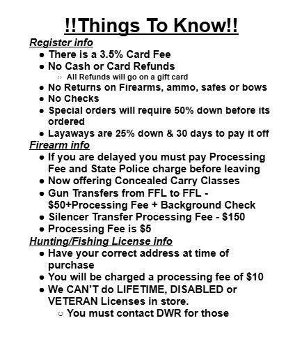 Text on a document with store policies on fees, refunds, firearms, and licenses.