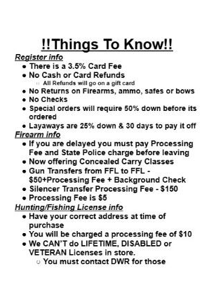 Text on a document with store policies on fees, refunds, firearms, and licenses.