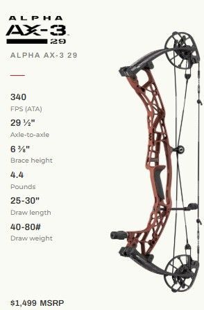 A red and black compound bow with specifications listed.