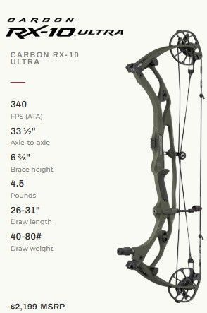 A carbon fiber hunting bow with product specifications.